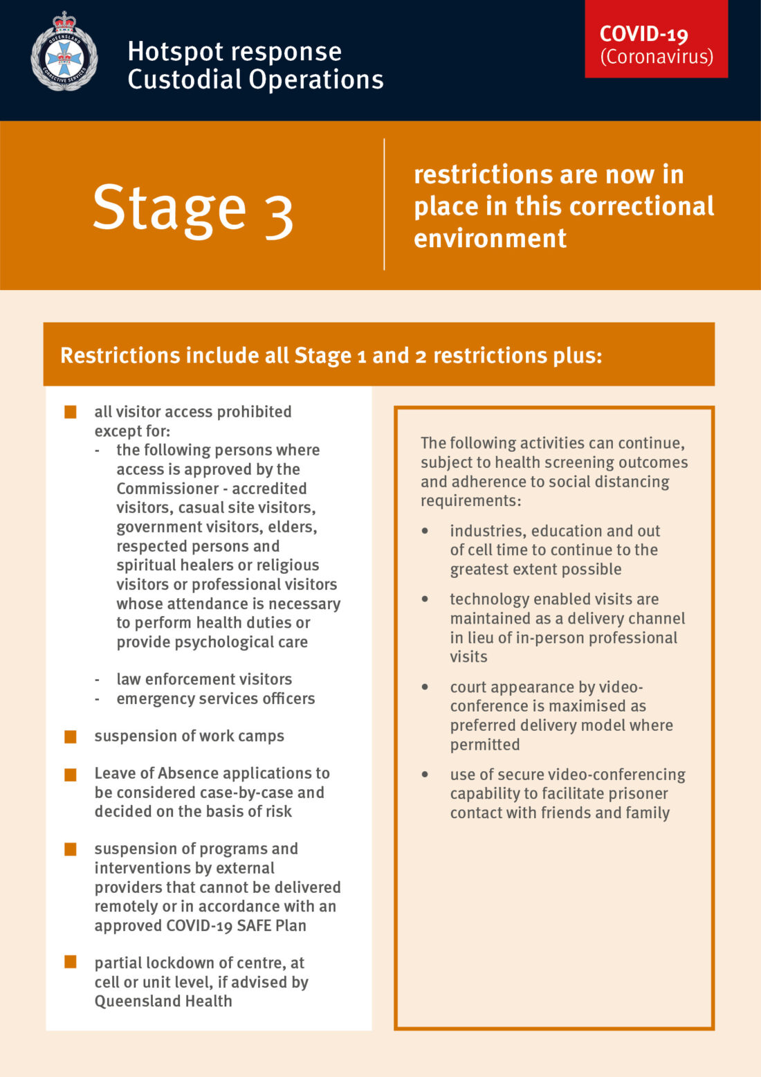 Queensland Corrective Services COVID19 restrictions eased