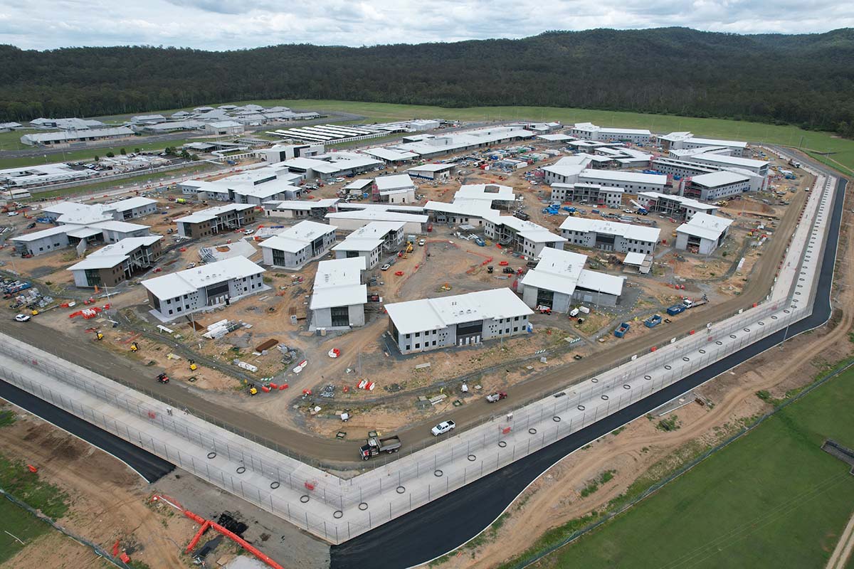 An aerial photo of a prison under construction